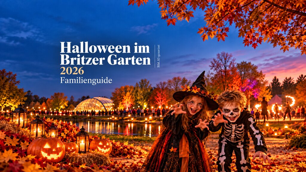 Zwei verkleidete Kinder als Hexe und Skelett zwischen Kürbissen und Herbstlaub vor einem beleuchteten Park