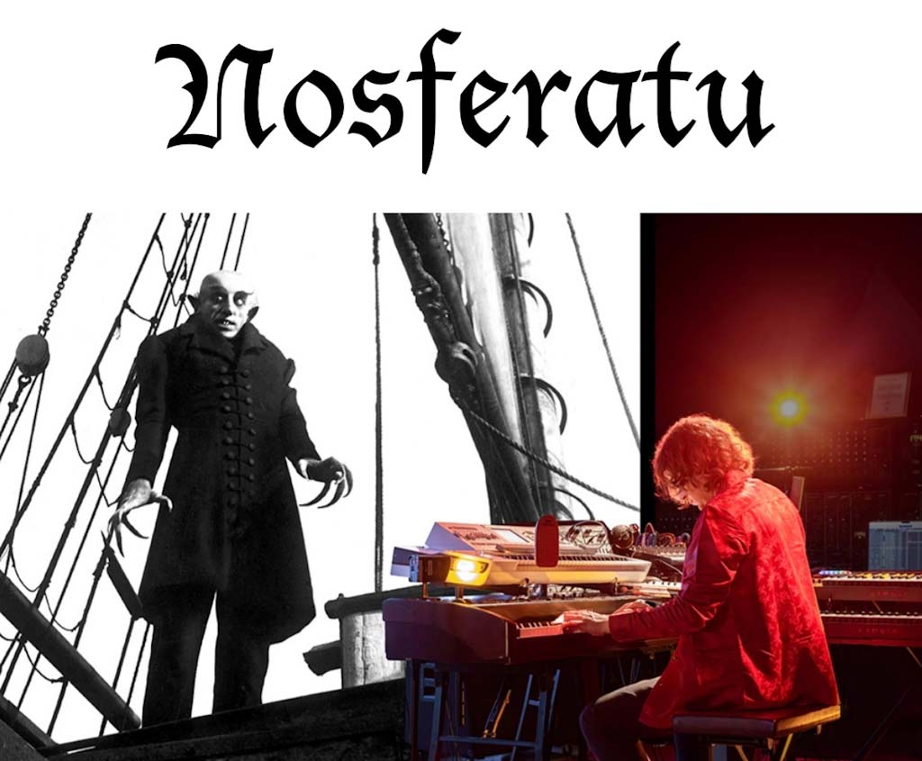 Der Schriftzug Nosferatu über einem Standbild von Graf Orlok an Deck und einem Musiker am Keyboard
