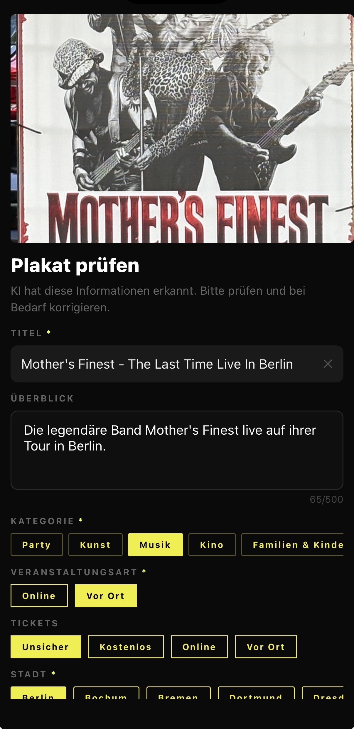 Erkannte Eventdaten prüfen